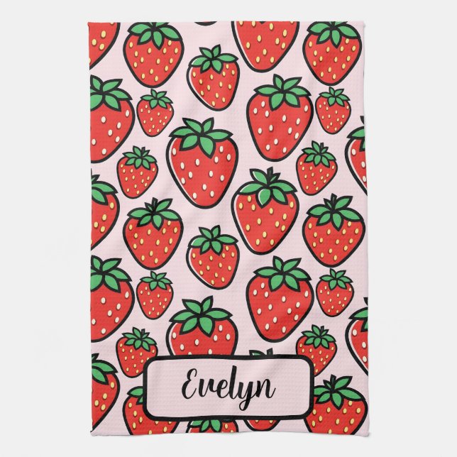 Retro Sweet Strawberry Cartoon Personalized Geschirrtuch (Vertikal)