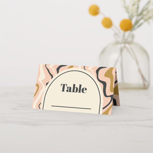 Retro Swirl Arch Pink Black Gold Cream Wedding Platzkarte (Vorderseite)