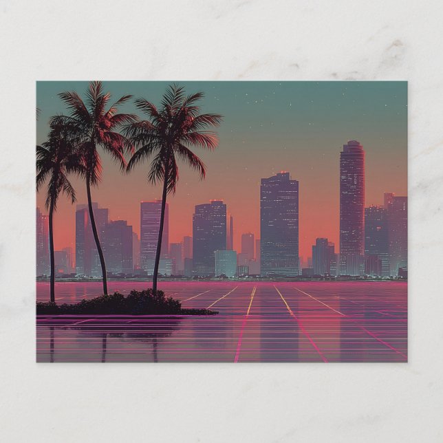 Retro Synthwave Cityscape Sunset Postkarte (Vorderseite)