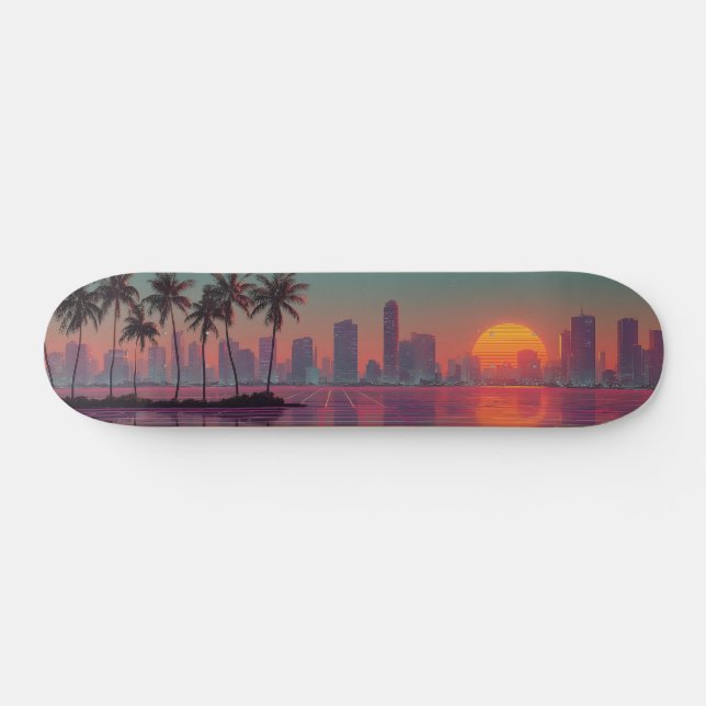 Retro Synthwave Cityscape Sunset Skateboard (Horizontal)