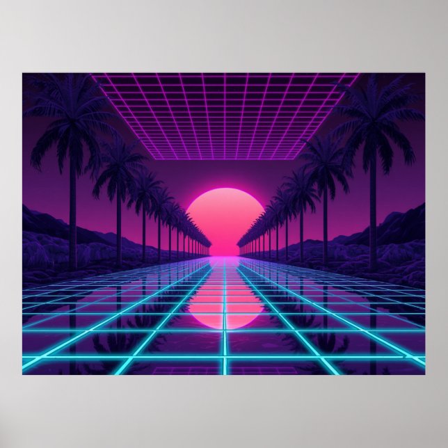 Retro Synthwave Horizont - Neonraster & Palmenpost Poster (Vorne)