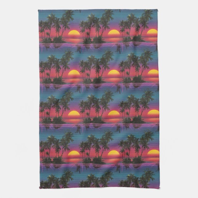 Retro Synthwave Palmenbaum-Sonnenuntergangs-Muster Geschirrtuch (Vertikal)