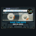 Retro T6 Audiotape 50th birthday Party Magnet<br><div class="desc">Old half-transparent Audiotape (Audio-Kassette - Model 6) to personalize. 50 is customizable on small black tag. Design on flexible magnet foto with text for 50th birthday party to customize. You can easily change text (machen, mitbewohner, size and position) by clicking the customize button. In einer Postcard-Too-Einladung schlucken. Other models with...</div>