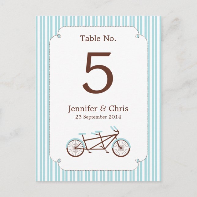 Retro Tandem Bicycle Blue & White Striping Wedding Postkarte (Vorderseite)