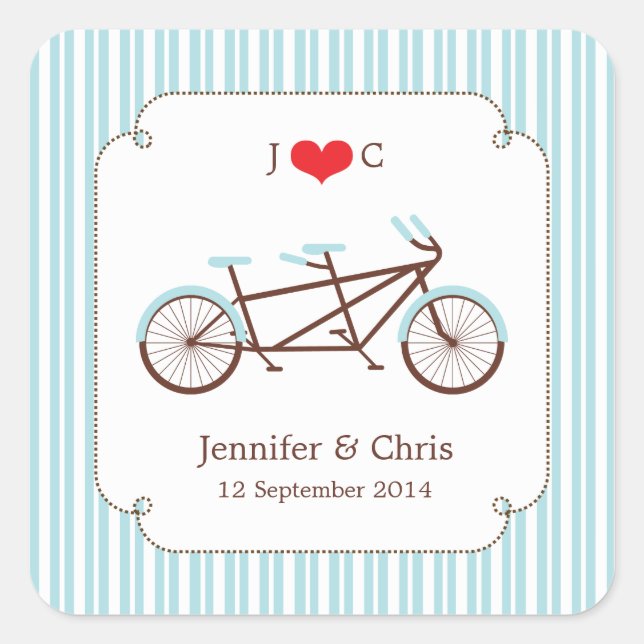 Retro Tandem Bicycle Blue & White Striping Wedding Quadratischer Aufkleber (Vorderseite)