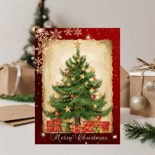 Retro-Tannenbaum präsentiert Schneeflocken Rot Feiertagskarte