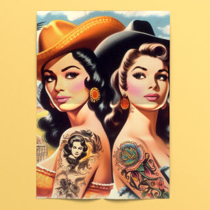 Retro-Tätowierte Cowgirls Seidenpapier