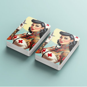 Retro tätowierte Pin-up-Krankenschwester Spielkarten
