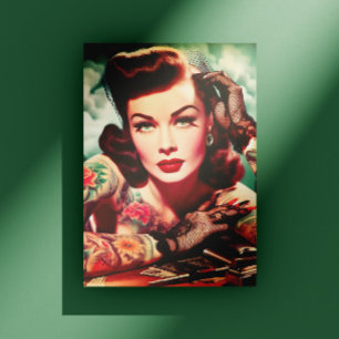 Retro tätowierte Pin-up Postkarte