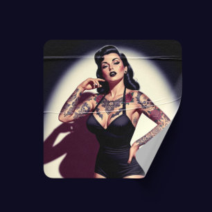 Retro tätowierte Pin-up Quadratischer Aufkleber