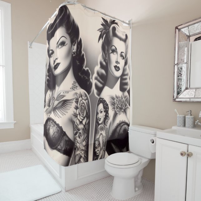 Retro Tattoo Glam Pinups Duschvorhang (Beispiel)