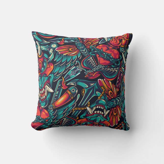 Retro Tattoo Muster Kissen (Vorderseite)