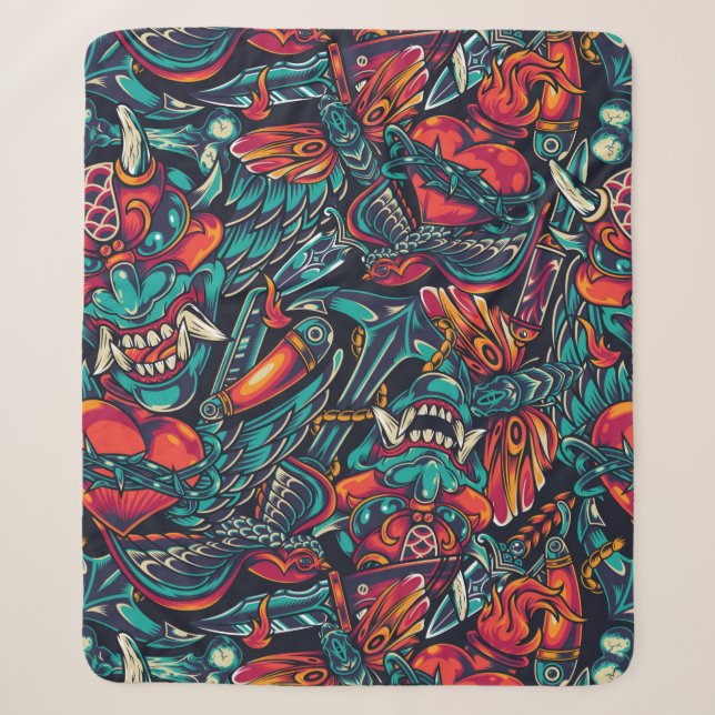 Retro Tattoo Muster Sherpadecke (Vorderseite)