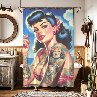 Retro Tattooed Bikini Summer Button up Duschvorhang