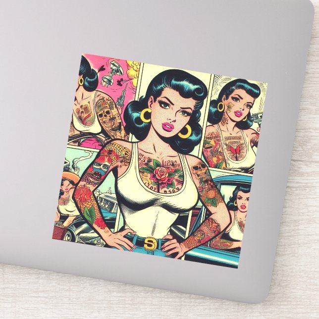Retro Tattooed Button-up-Comicen Aufkleber (Detail)
