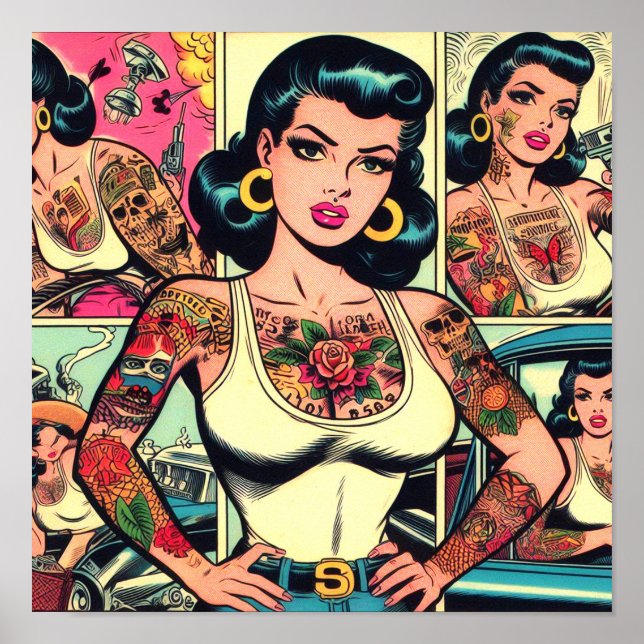 Retro Tattooed Button-up-Comicen Poster (Vorne)