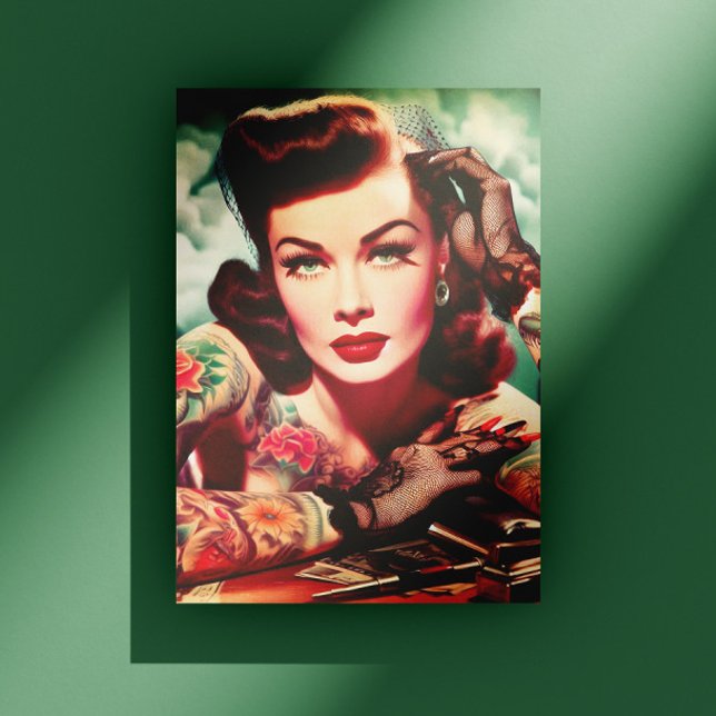 Retro Tattooed Pin-up Postkarte (Von Creator hochgeladen)
