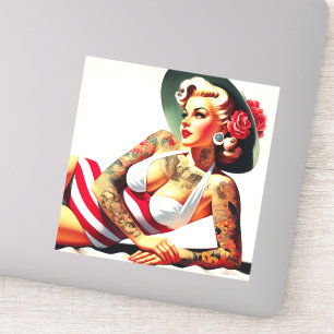 Retro Tattooed Swimsuit Button-up Aufkleber