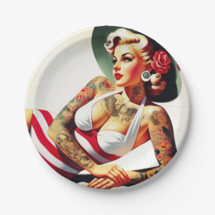 Retro Tattooed Swimsuit Button-up Pappteller