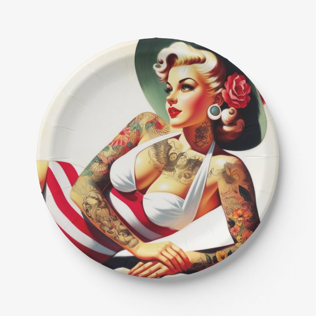 Retro Tattooed Swimsuit Button-up Pappteller (Vorderseite)