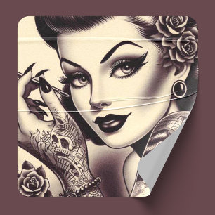 Retro Tattooot Button hoch Quadratischer Aufkleber