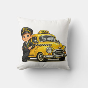 Retro-Taxifahrer-Junge mit Vintage-Gelbem Auto T-S Kissen