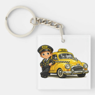 Retro-Taxifahrer-Junge mit Vintage-gelbem Auto-T-S Schlüsselanhänger