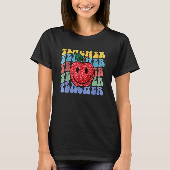 Retro Teacher Apple Leopard Groovy Back To School  T-Shirt (Vorderseite)