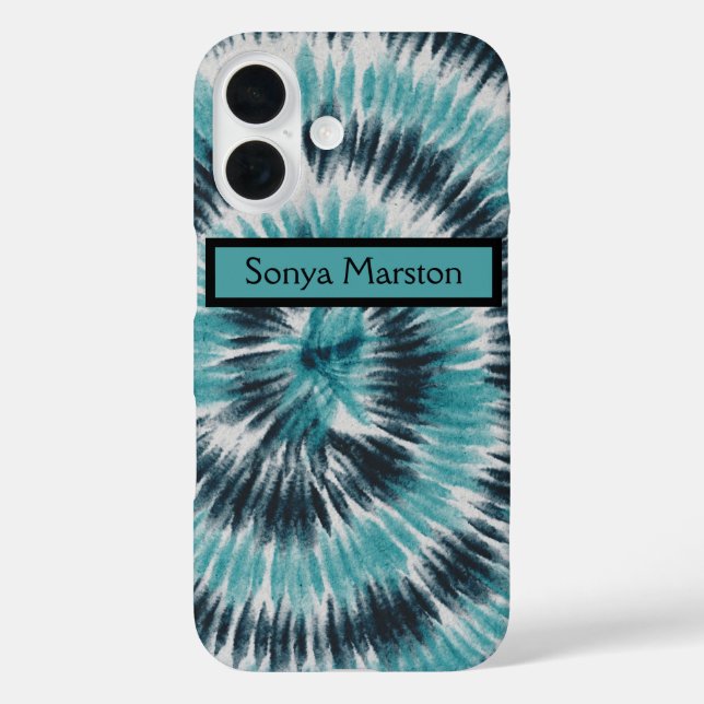 Retro Teal Blue and Black Tie Dye Spiral   iPhone 16 Hülle (Rückseite)