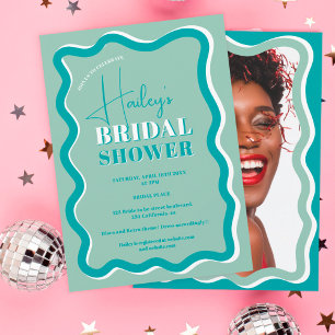 Retro teal blue curve squiggle wavy bridal shower einladung