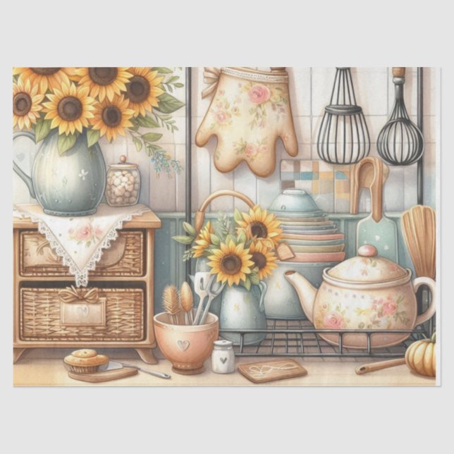 Retro Teapots und Sonnenblumen Küche Wasserfarbe Seidenpapier (Vorderseite)