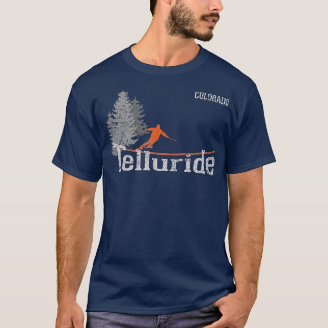 Retro Telluride Colorado Unruhiges Skifahren T-Shirt (Vorderseite)