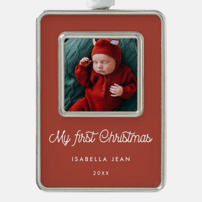 Retro Terracotta Mein erstes Weihnachtskind-Foto Rahmen-Ornament Silber (Vorderseite)