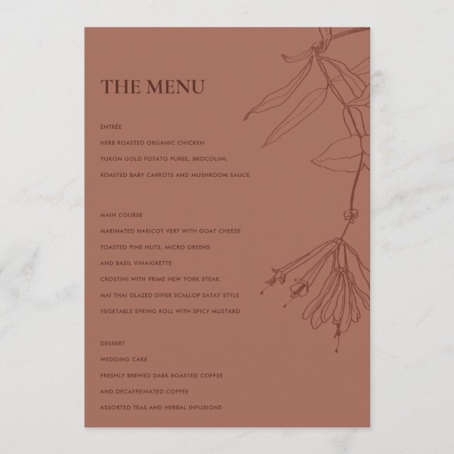 RETRO TERRACOTTA RED LINIE ZEICHNEND FLORAL MENU MENÜKARTE (Vorderseite)