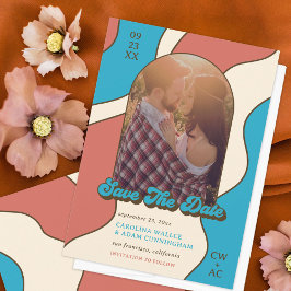 Retro Terracotta und Sky Blue 70er Grafik Save The Date