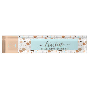 Retro Terrazzo Mosaic Earth Tones Patter Monogram Namensplakette