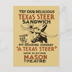 Retro Texas Steer Sandwich und Theatervorführung Postkarte
