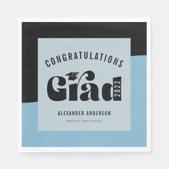 Retro Text Light Blue und Black Abschluss Serviette (Vorderseite)