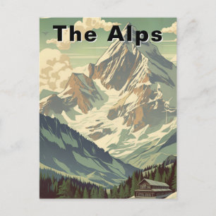 Retro The Alps Travel Skiing Mountain Lodge Postkarte