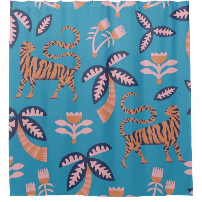 Retro-Tiger, Palme, Blume Duschvorhang (Vorderseite)