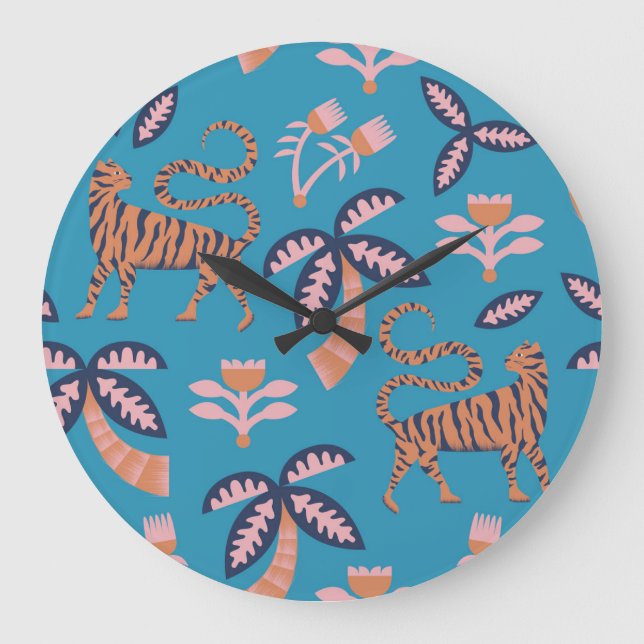 Retro-Tiger, Palme, Blume Große Wanduhr (Vorderseite)