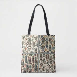 Retro-Tiki-Masken und Vögel in Grau-Grün Tasche