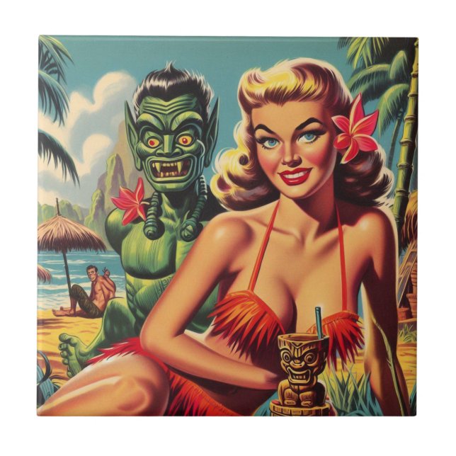 Retro-Tiki-Pin-Up Fliese (Vorderseite)