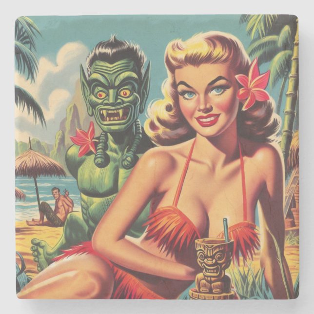 Retro-Tiki-Pin-Up Steinuntersetzer (Vorderseite)
