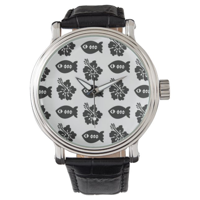 Retro Tiki Schwarzweiß-Muster Armbanduhr (Vorderseite)