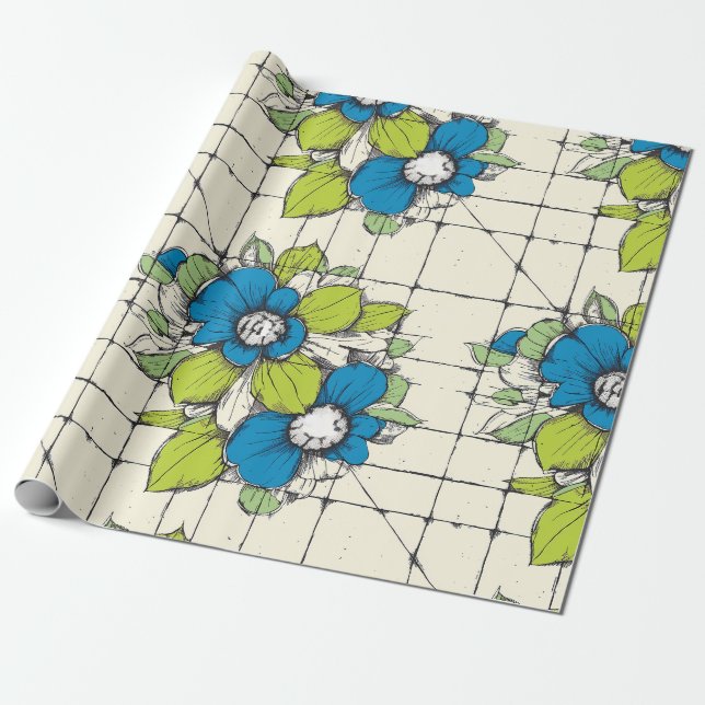 Retro Tile Bloom Floral Wrapping Paper Geschenkpapier (Ungerollt)