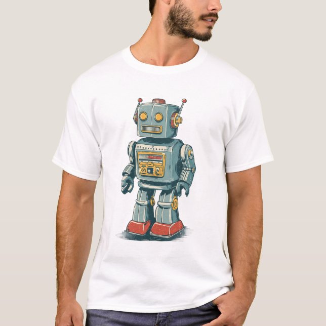 Retro Tin Robot — 1950s Cartoon Mech with Red Boot T-Shirt (Vorderseite)