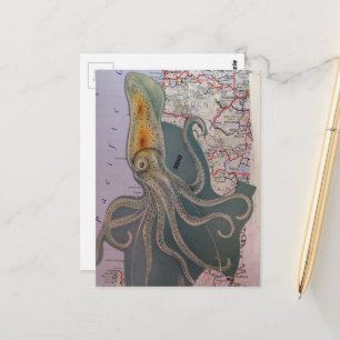 Retro-Tintenfisch und eine Landkartenausschnitt-Co Postkarte