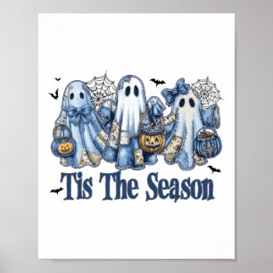 Retro Tis The Season Blue Patchwork Ghost Girl Wom Poster
