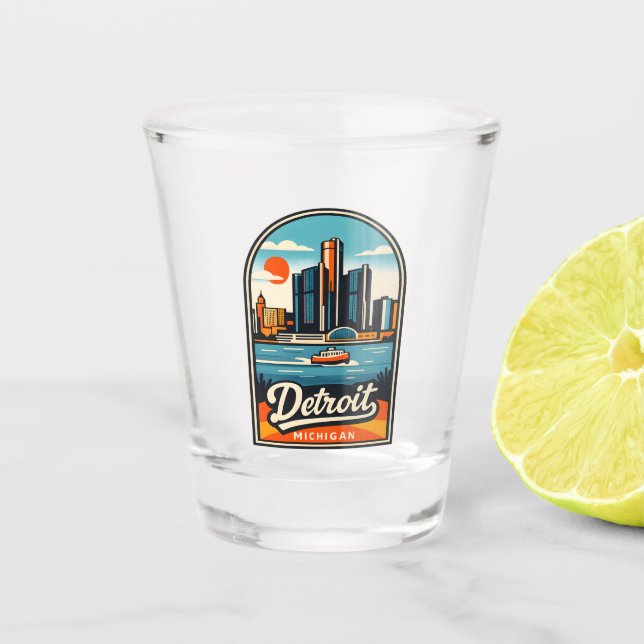 Retro Travel Detroit Michigan Cityscape Lakeside Schnapsglas (Vorderseite)
